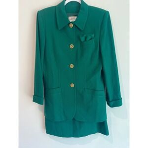 Vintage Albert NIPON Women's Kelly Green Wool Suit Jacket Skirt Set Flawed